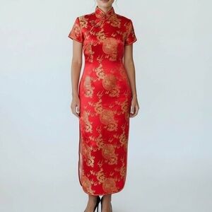 Vintage Red Golden Dragon Cheongsam Qipao Dress Size Small